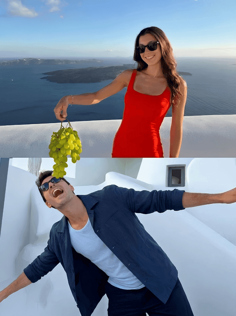 A couple stacked into one photo with dangling grapes reaching out of the frame